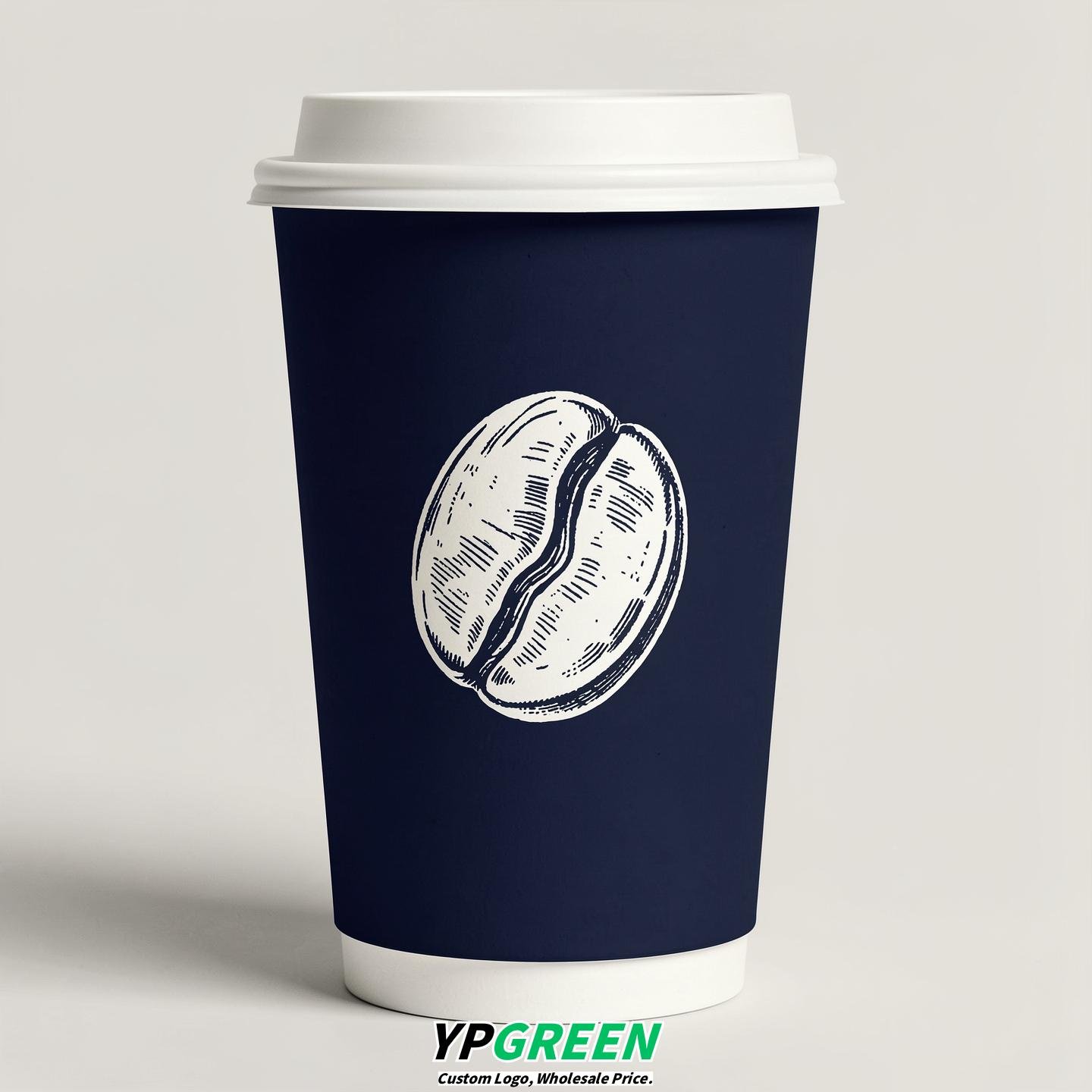 Navy Blue Paper Coffee Cups with Coffee Bean Logo & Lids | 12-16oz