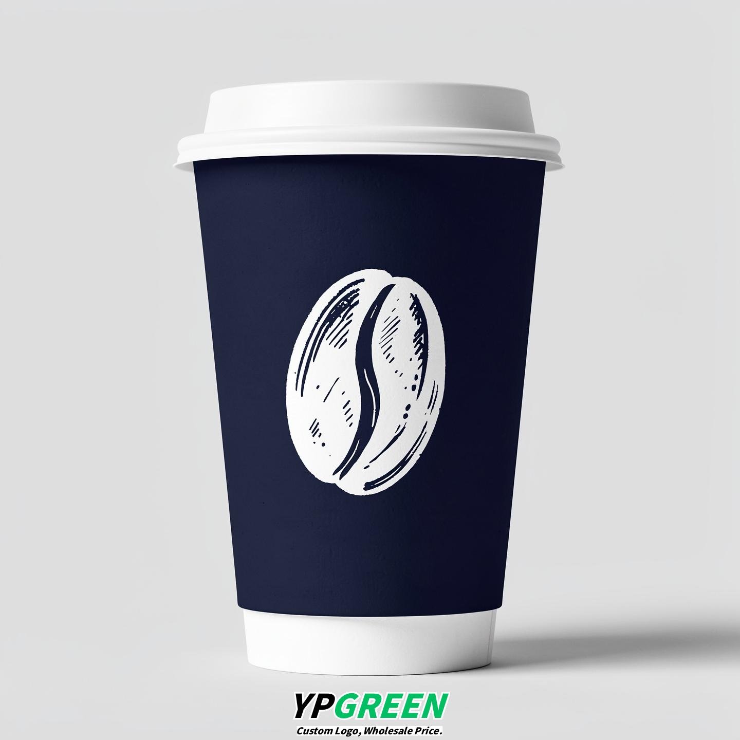 Navy Blue Paper Coffee Cups with Coffee Bean Logo & Lids | 12-16oz