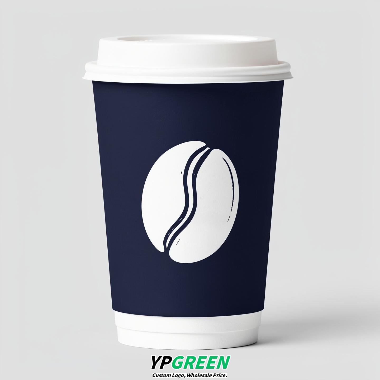 Navy Blue Paper Coffee Cups with Coffee Bean Logo & Lids | 12-16oz