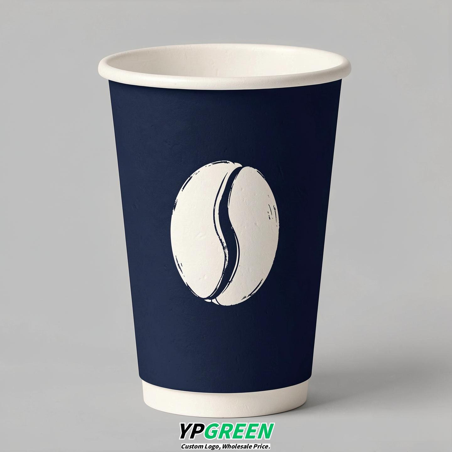 Navy Blue Paper Coffee Cups with Coffee Bean Logo & Lids | 12-16oz