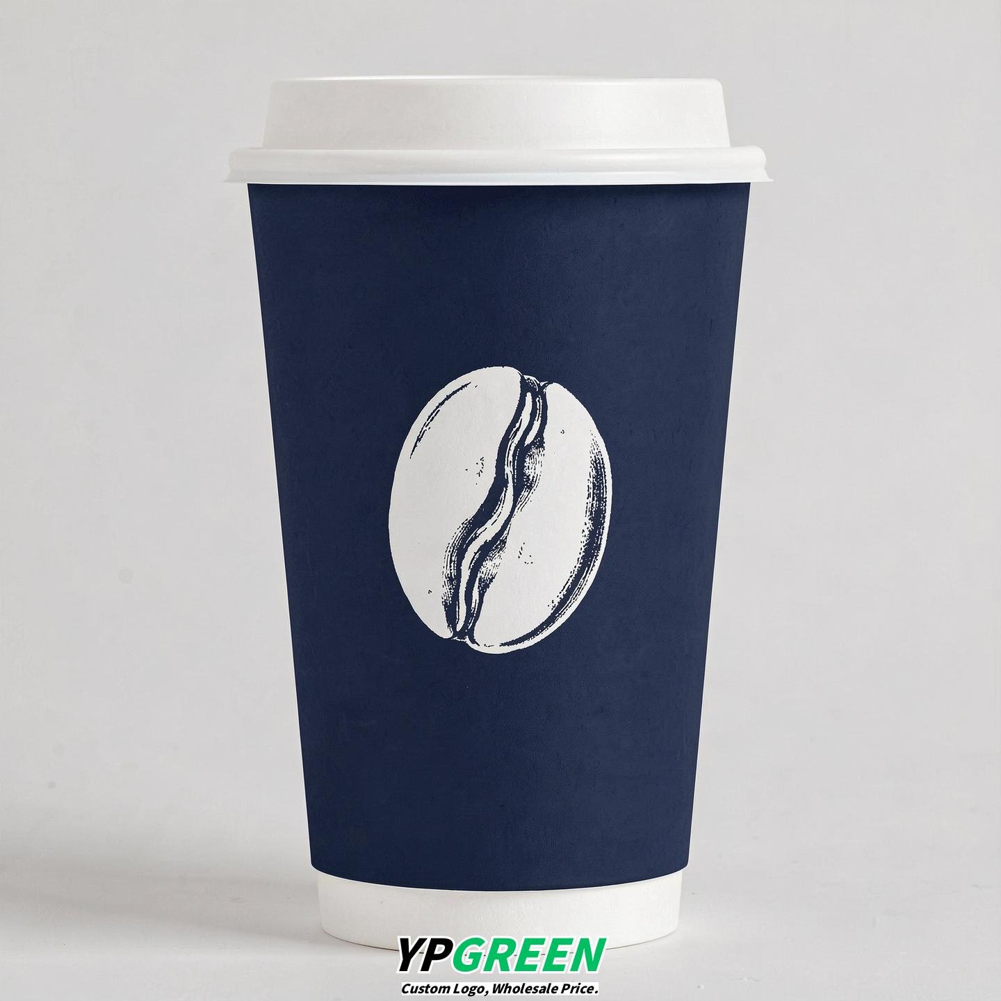 Navy Blue Paper Coffee Cups with Coffee Bean Logo & Lids | 12-16oz