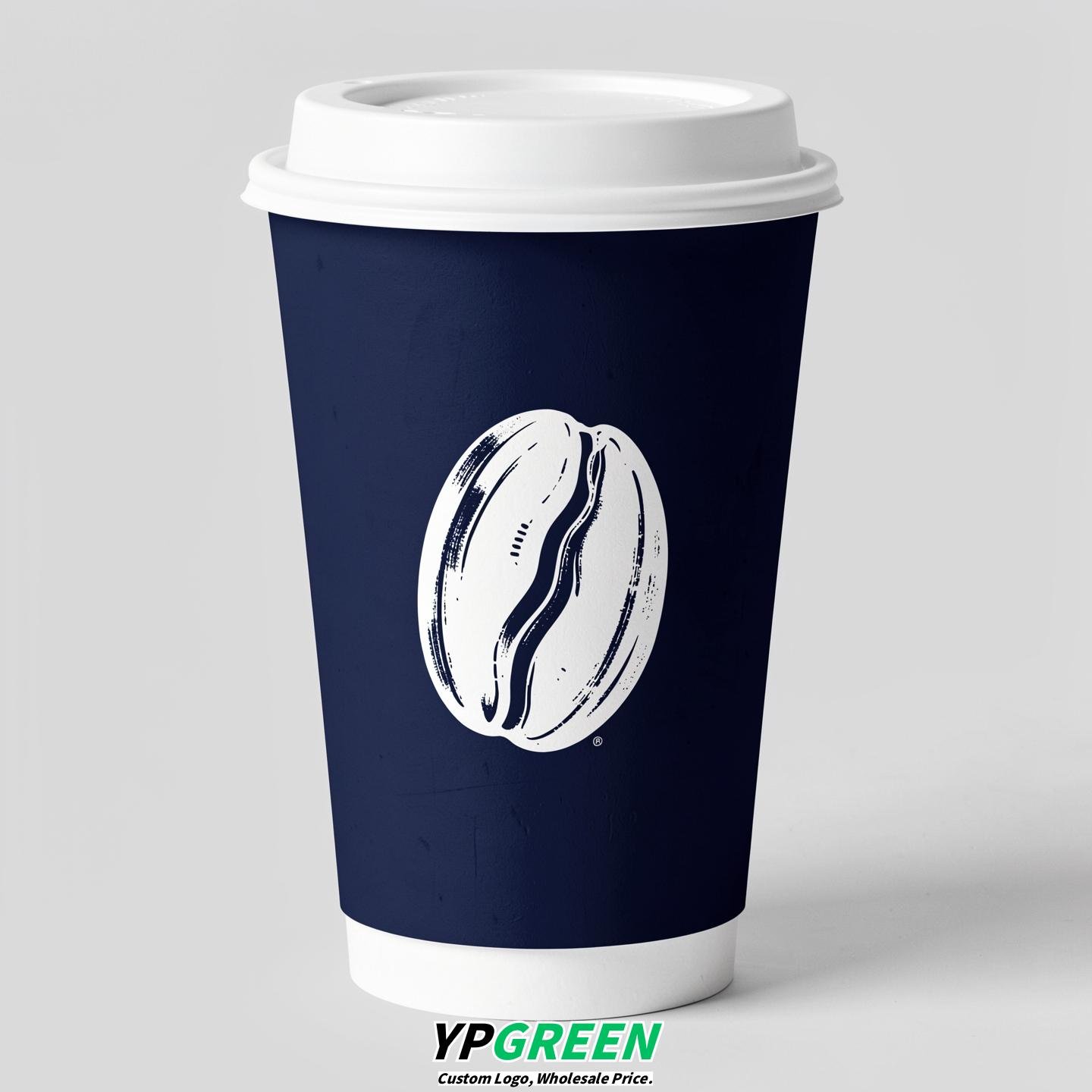 Navy Blue Paper Coffee Cups with Coffee Bean Logo & Lids | 12-16oz