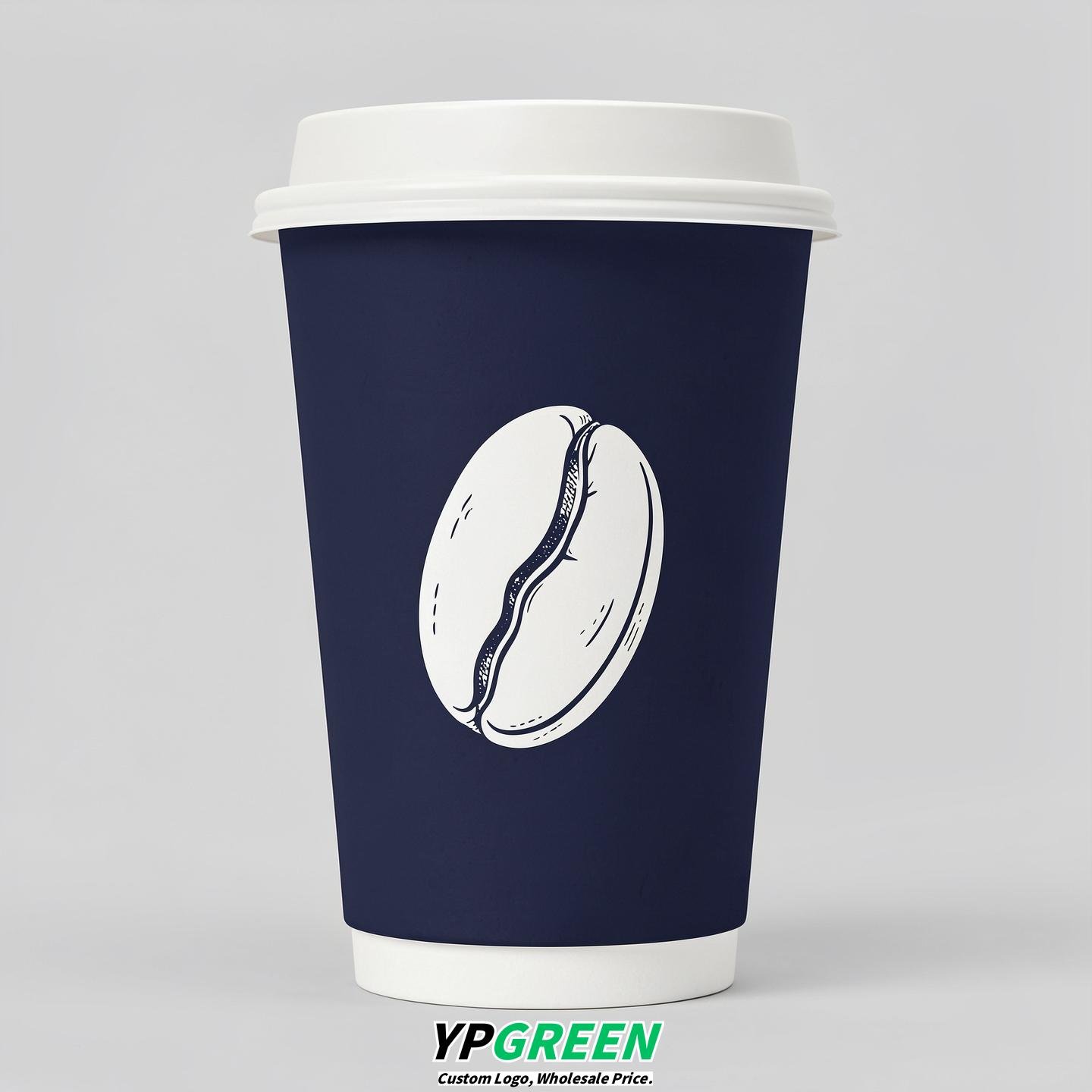 Navy Blue Paper Coffee Cups with Coffee Bean Logo & Lids | 12-16oz