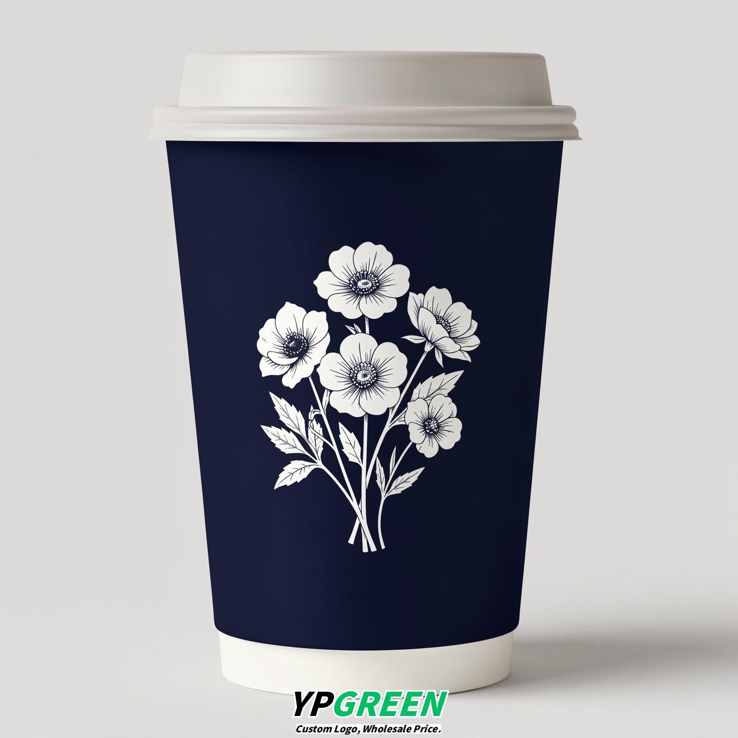 Navy Blue Floral Paper Cups with Lids 8-24oz