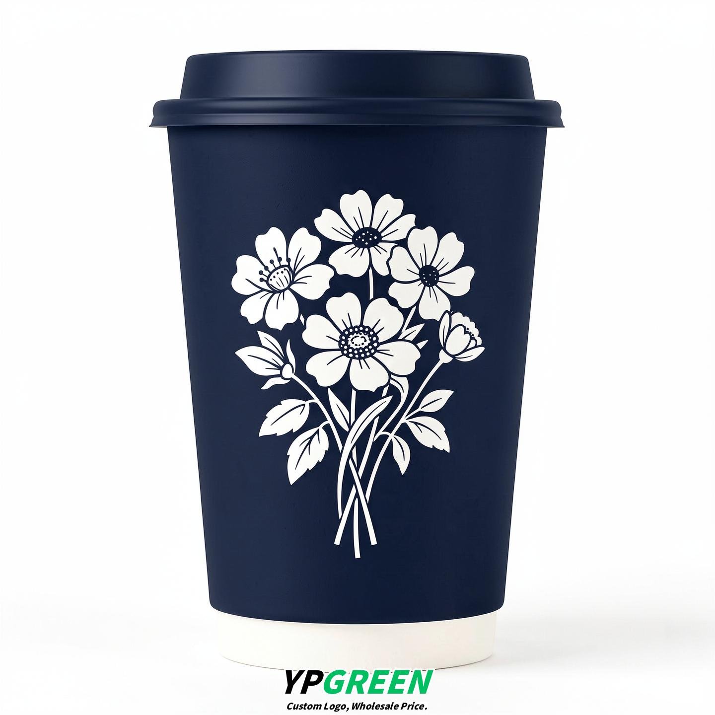 Navy Blue Floral Paper Cups with Lids 8-24oz