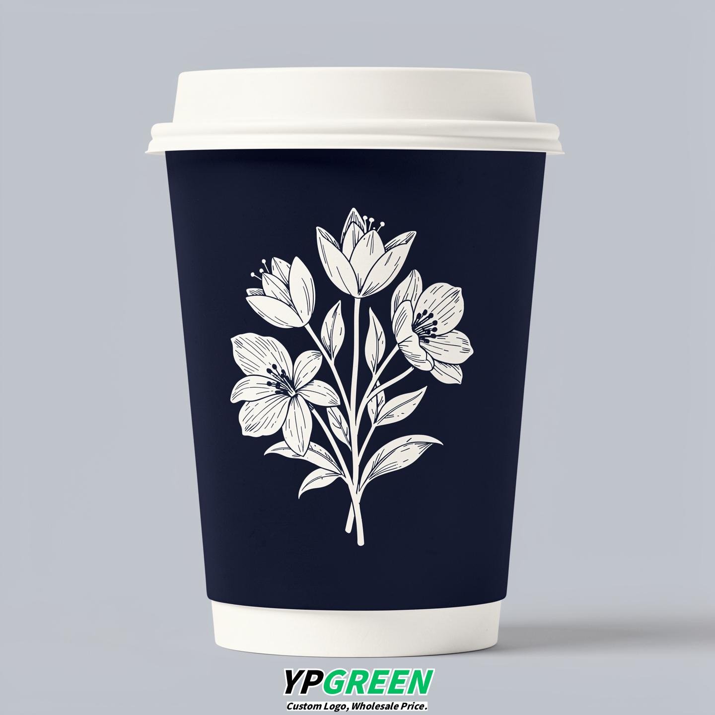 Navy Blue Floral Paper Cups with Lids 8-24oz