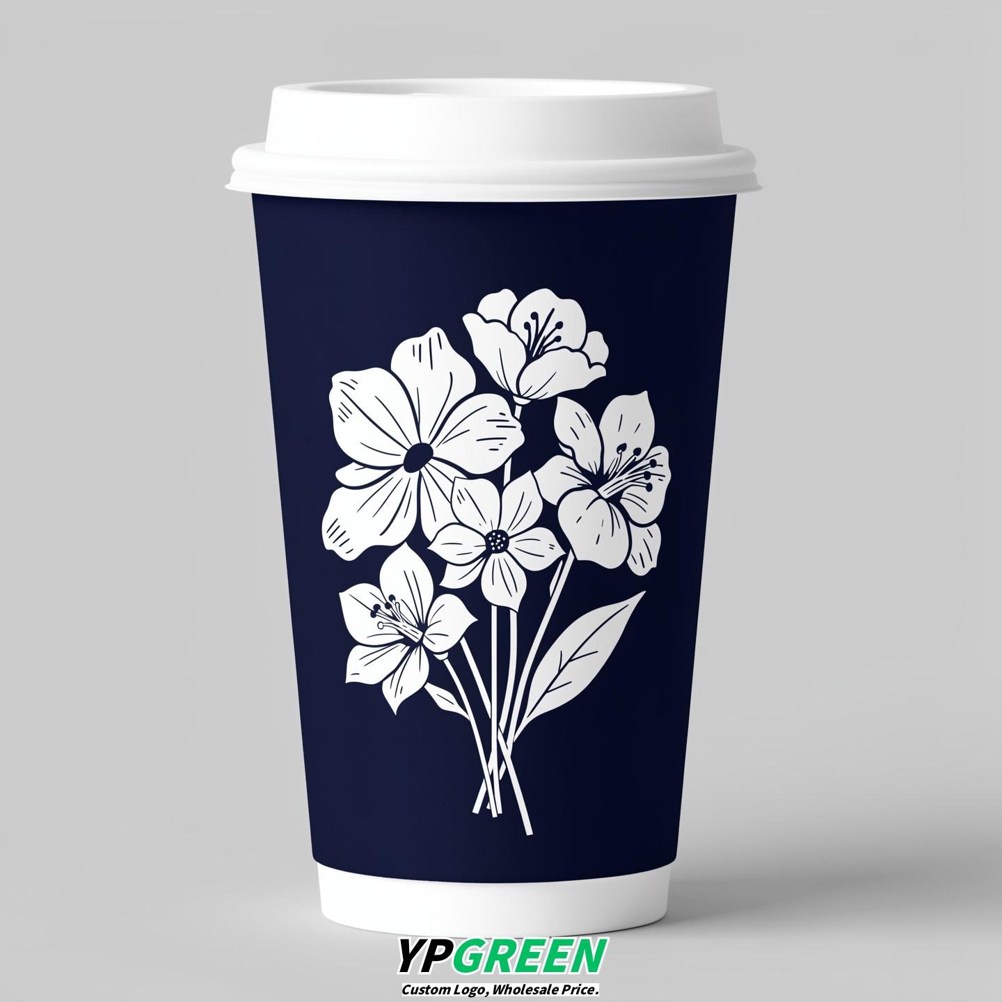 Navy Blue Floral Paper Cups with Lids 8-24oz