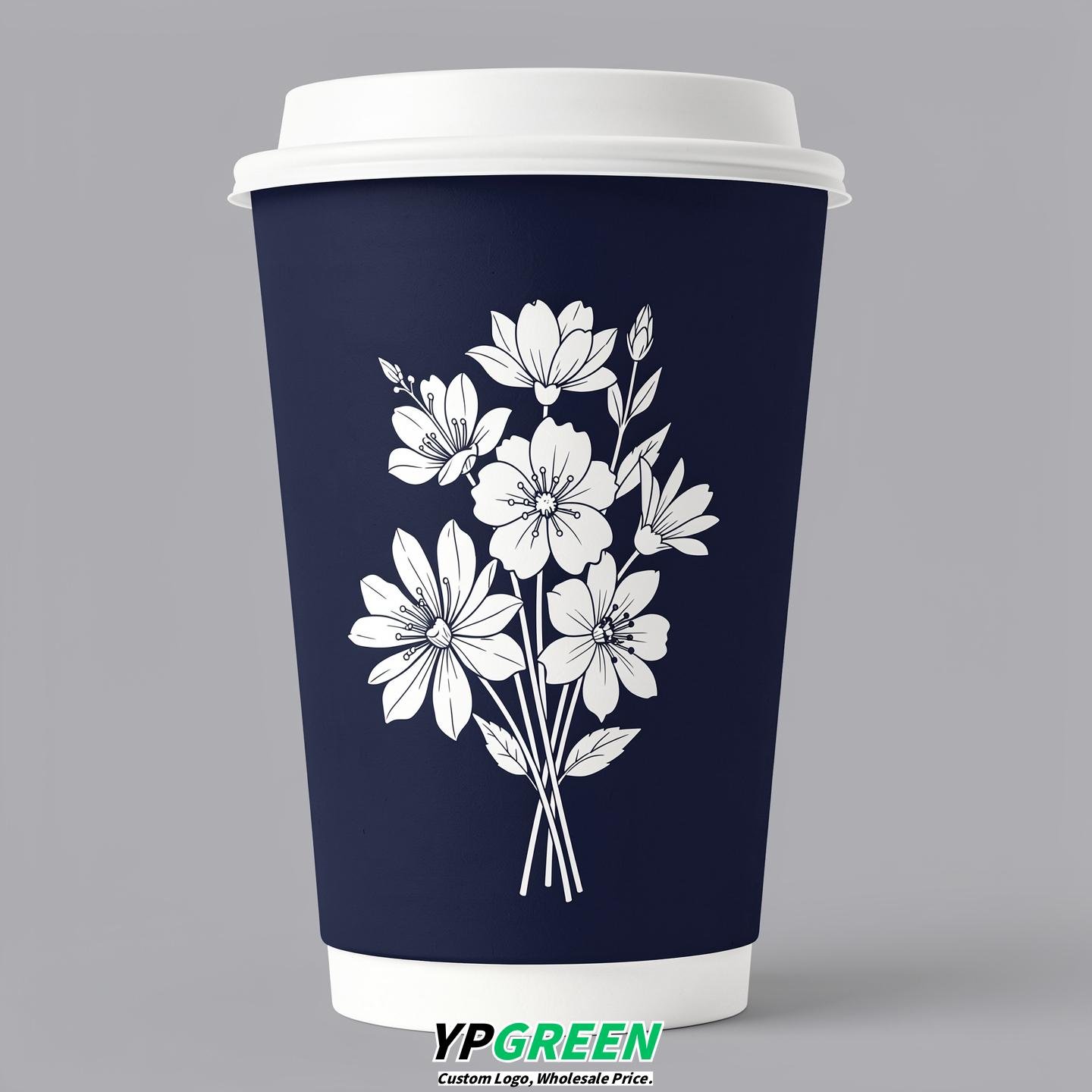 Navy Blue Floral Paper Cups with Lids 8-24oz