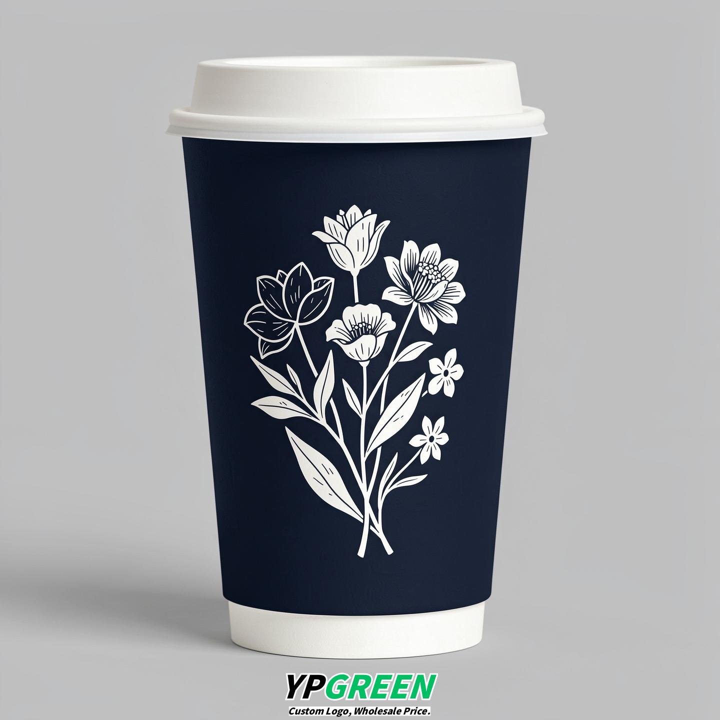 Navy Blue Floral Paper Cups with Lids 8-24oz