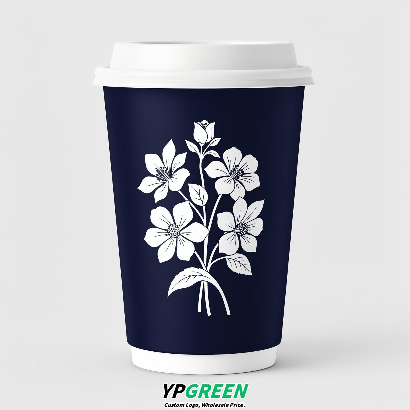 Navy Blue Floral Paper Cups with Lids 8-24oz