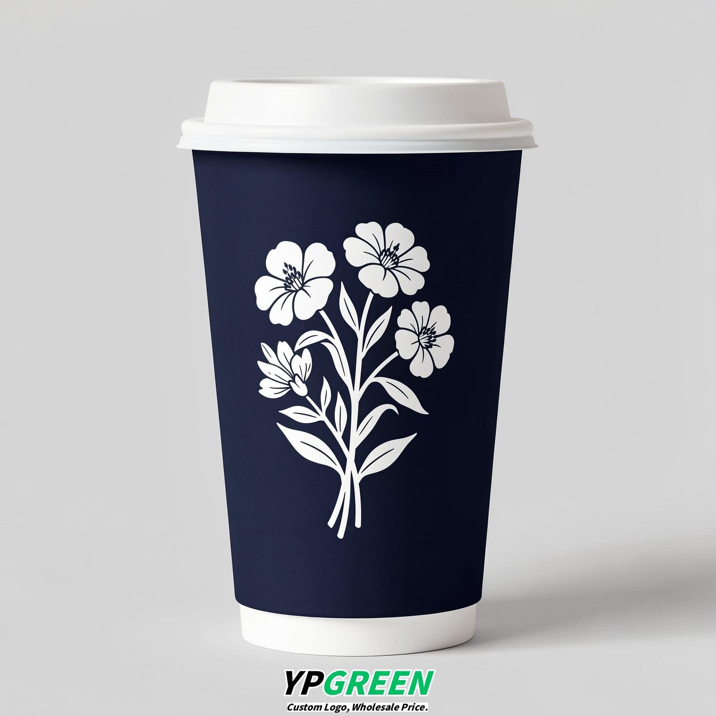 Navy Blue Floral Paper Cups with Lids 8-24oz