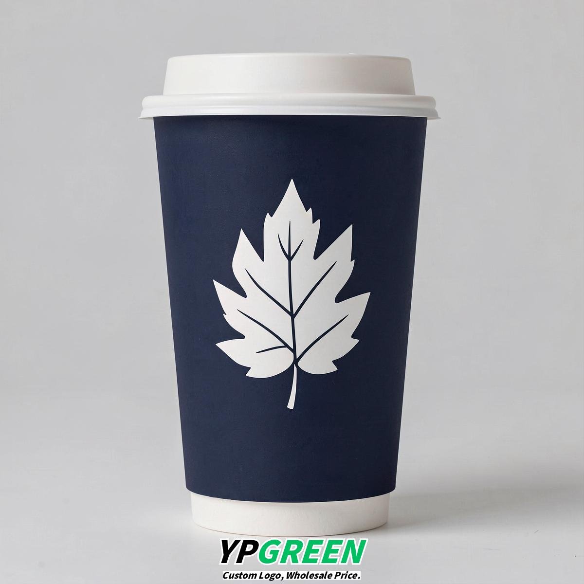 Navy Blue Leaves Paper Cups with Lids 8-24oz