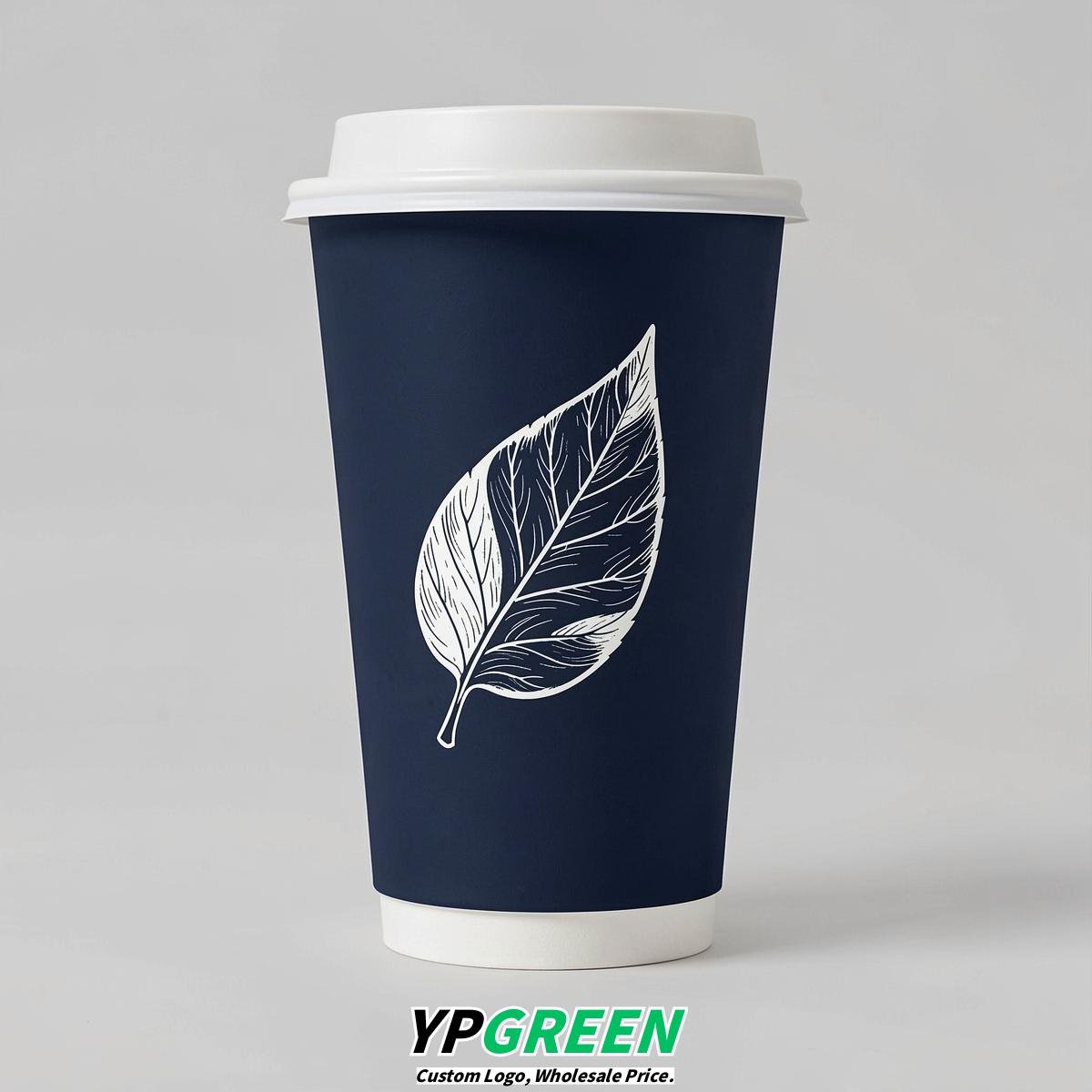 Navy Blue Leaves Paper Cups with Lids 8-24oz