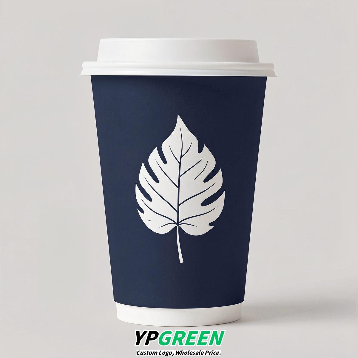 Navy Blue Leaves Paper Cups with Lids 8-24oz