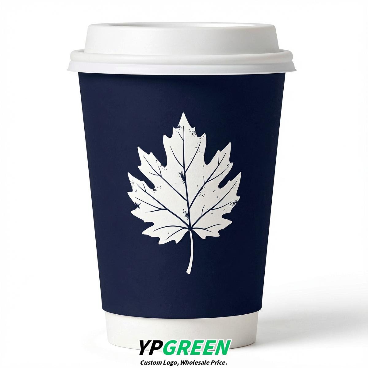 Navy Blue Leaves Paper Cups with Lids 8-24oz