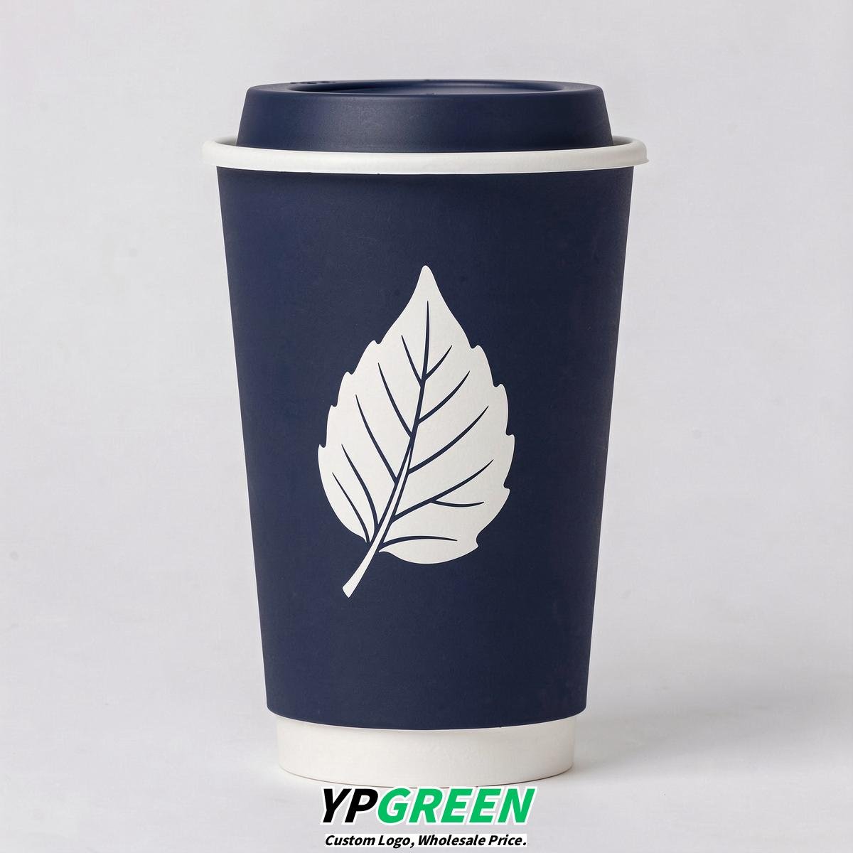 Navy Blue Leaves Paper Cups with Lids 8-24oz
