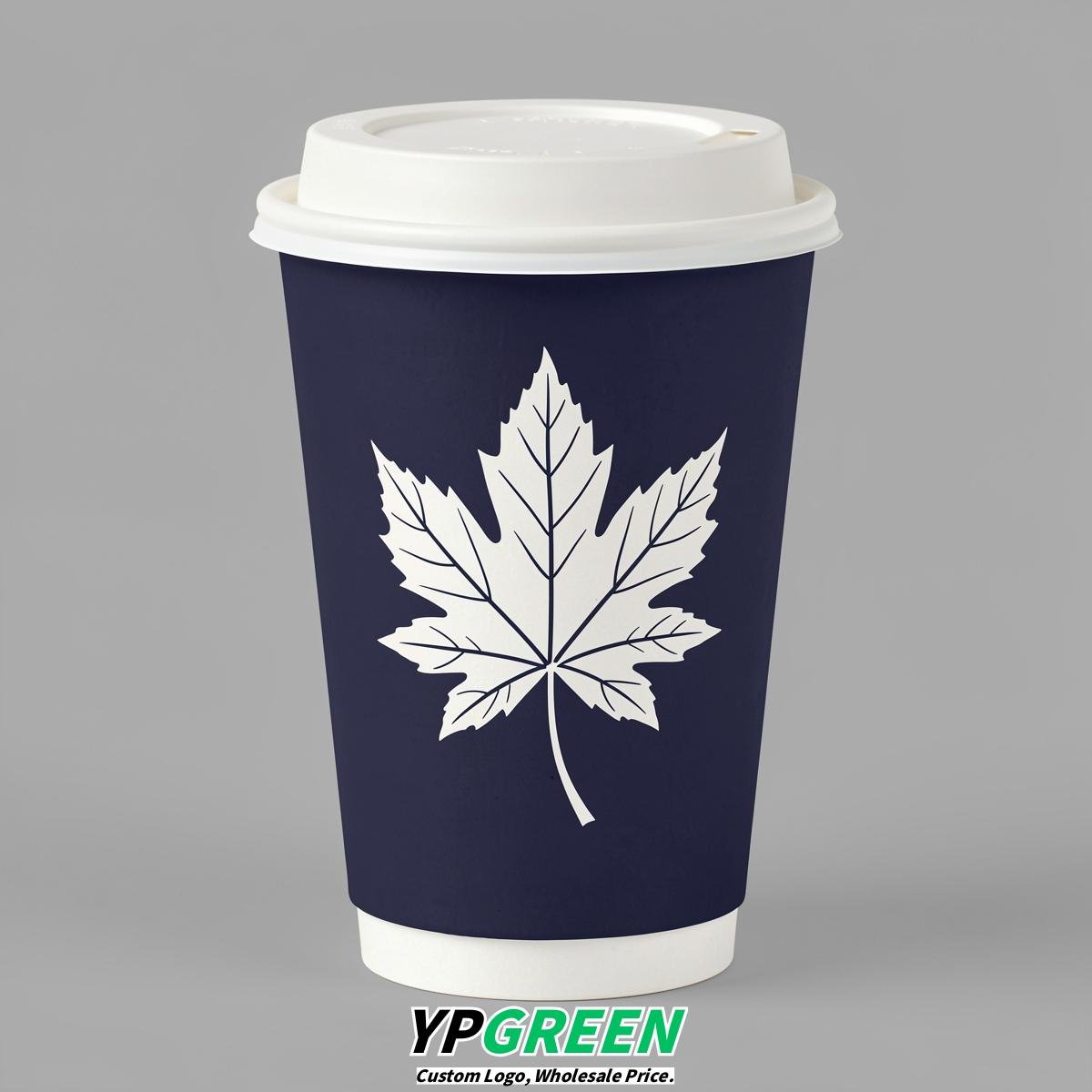 Navy Blue Leaves Paper Cups with Lids 8-24oz