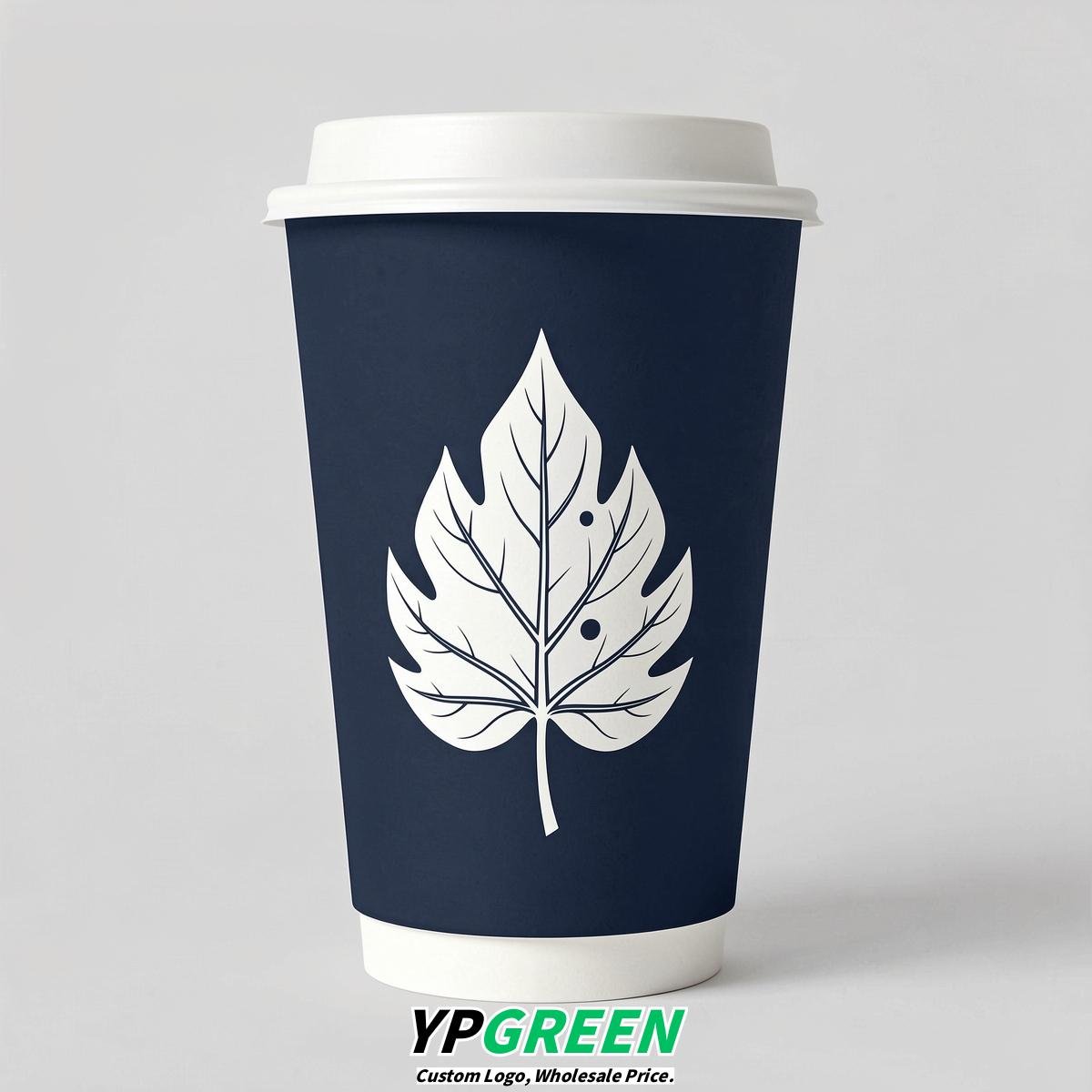 Navy Blue Leaves Paper Cups with Lids 8-24oz