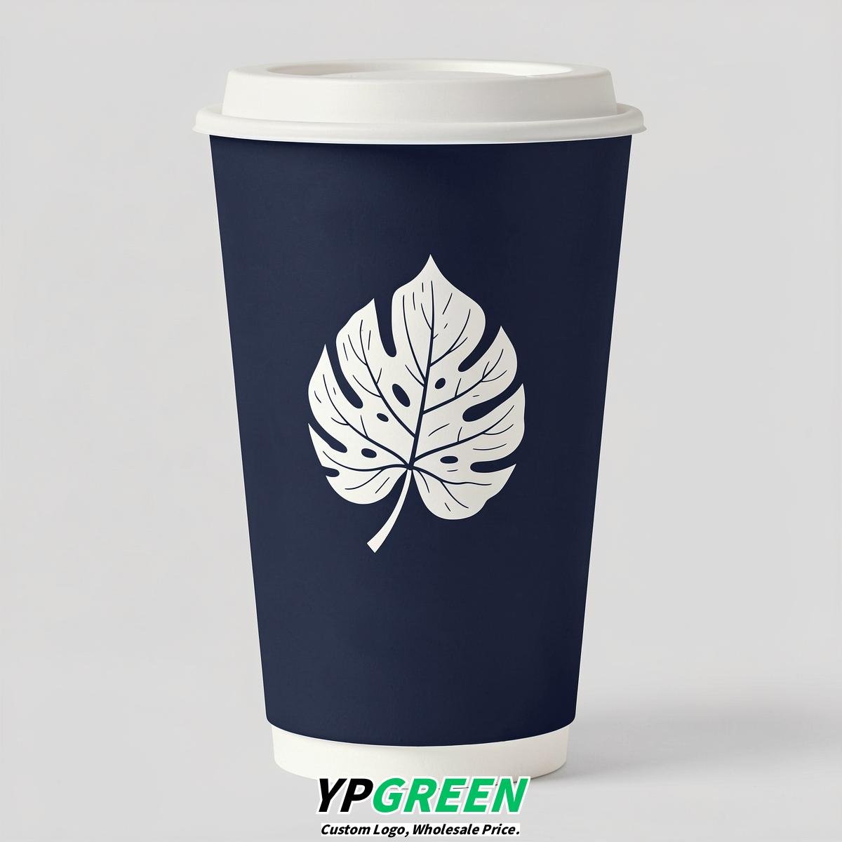 Navy Blue Leaves Paper Cups with Lids 8-24oz