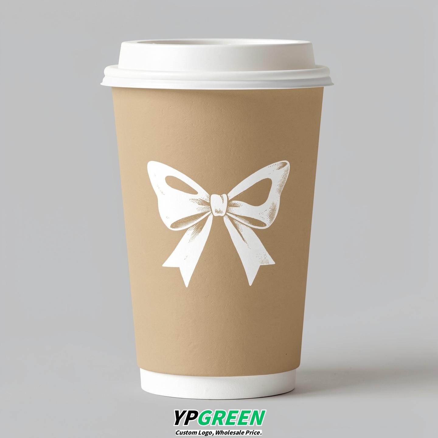Oatmeal Paper Cups with Bow Logo & Lids 8-24oz