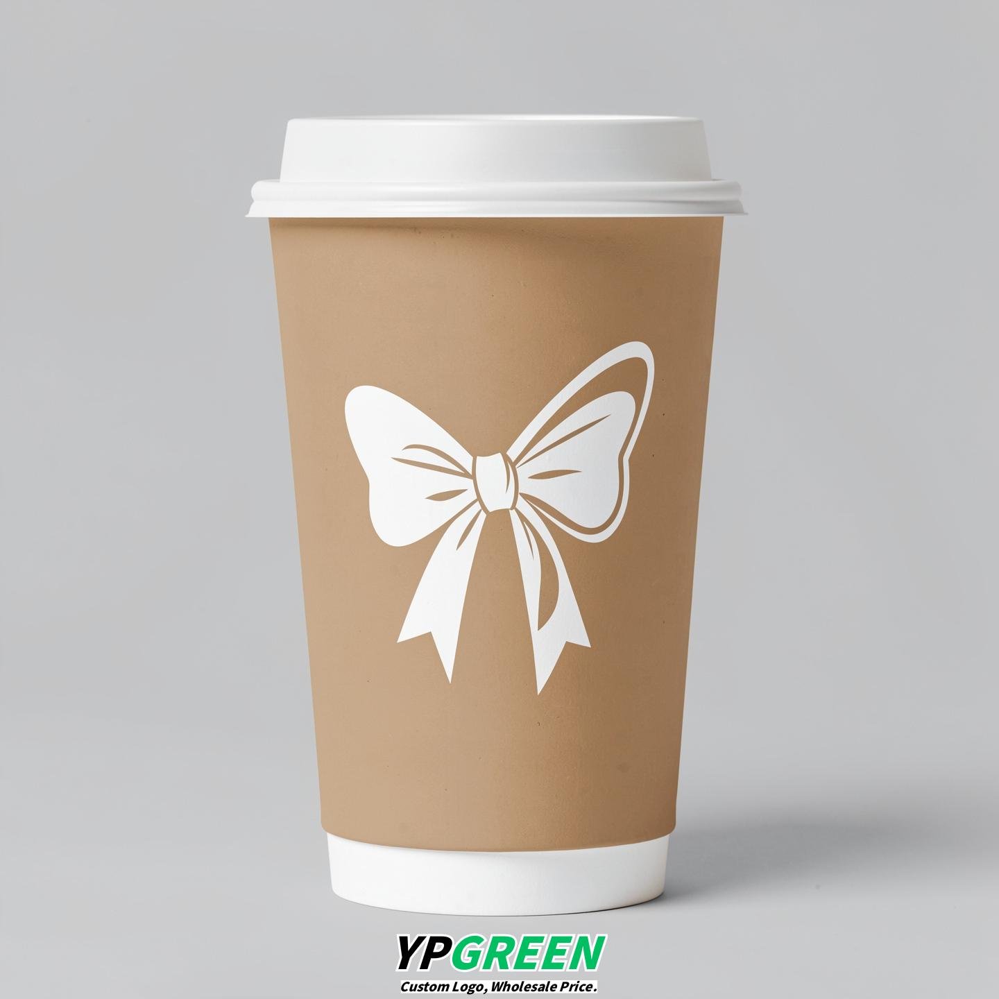 Oatmeal Paper Cups with Bow Logo & Lids 8-24oz