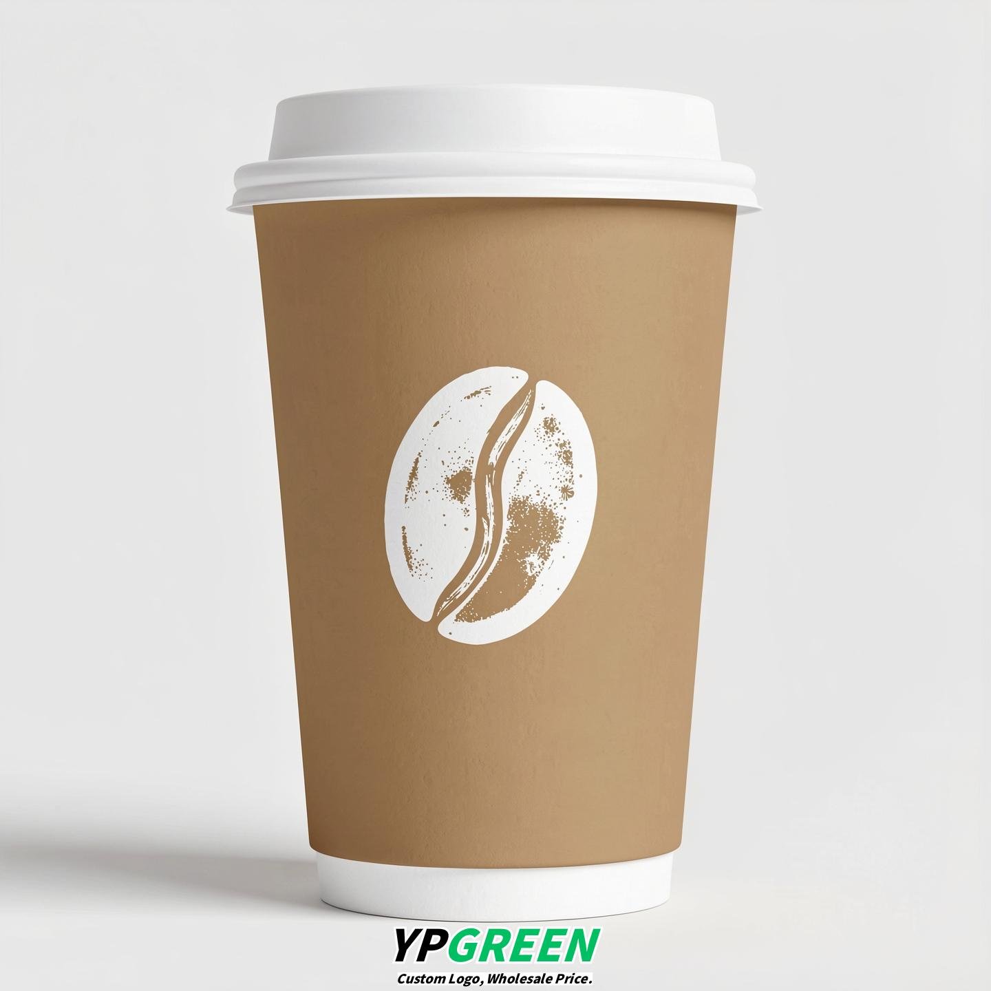 Oatmeal Paper Cups with Coffee Bean Logo & Lids 8-24oz