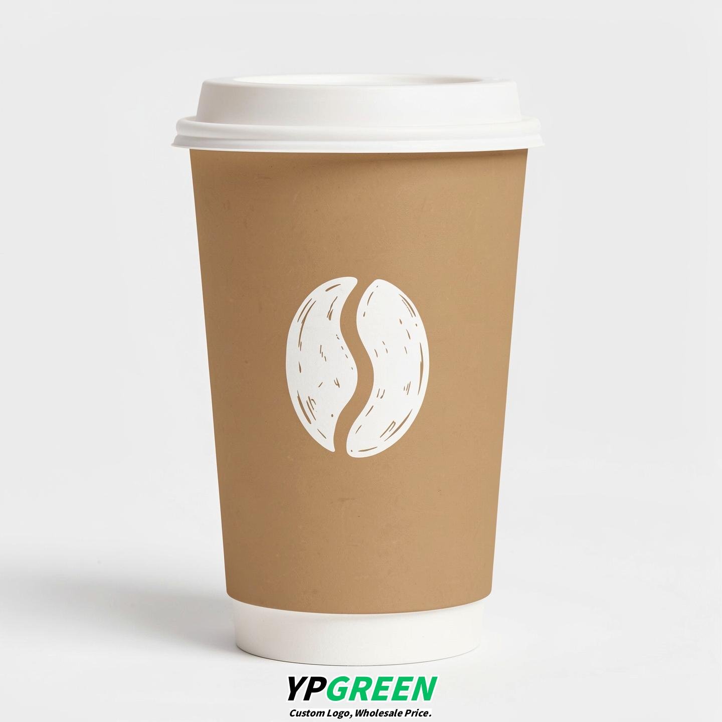 Oatmeal Paper Cups with Coffee Bean Logo & Lids 8-24oz