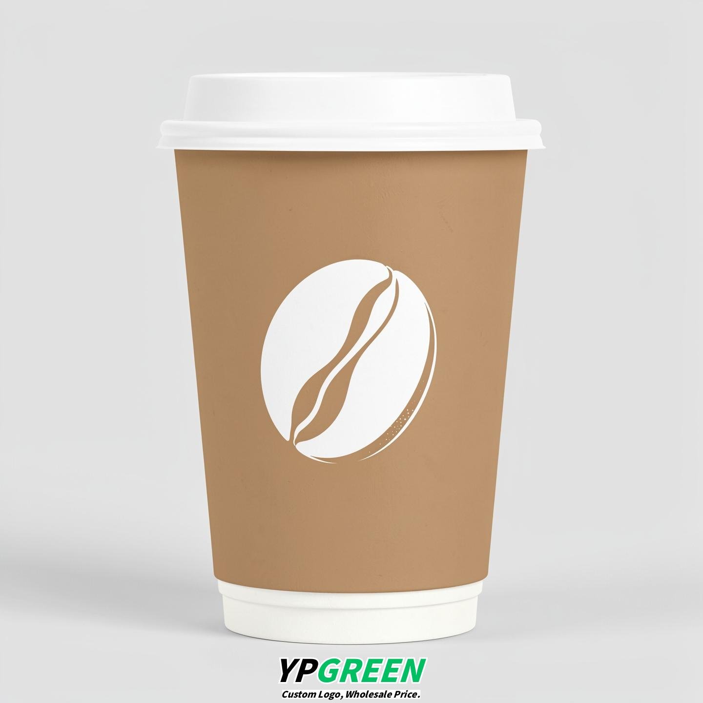 Oatmeal Paper Cups with Coffee Bean Logo & Lids 8-24oz