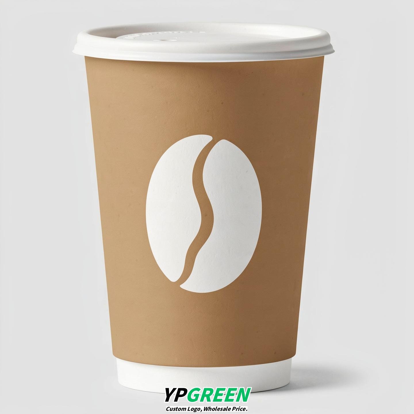 Oatmeal Paper Cups with Coffee Bean Logo & Lids 8-24oz