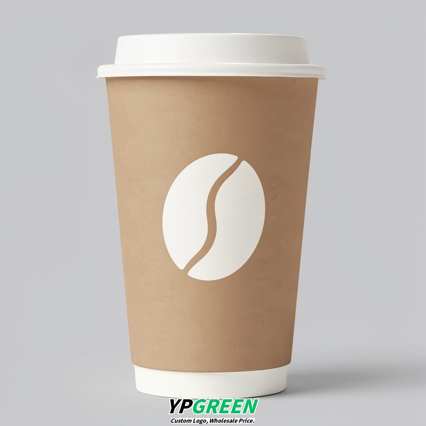 Oatmeal Paper Cups with Coffee Bean Logo & Lids 8-24oz