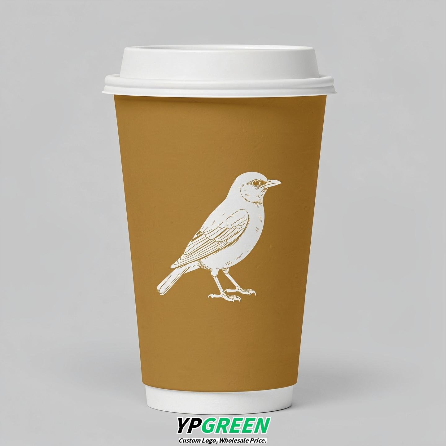 Ochre Paper Cups with Bird Logo & Lids 8-24oz