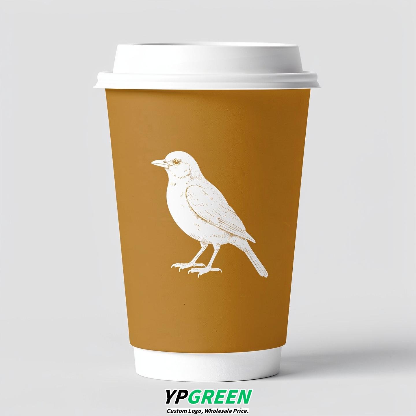 Ochre Paper Cups with Bird Logo & Lids 8-24oz
