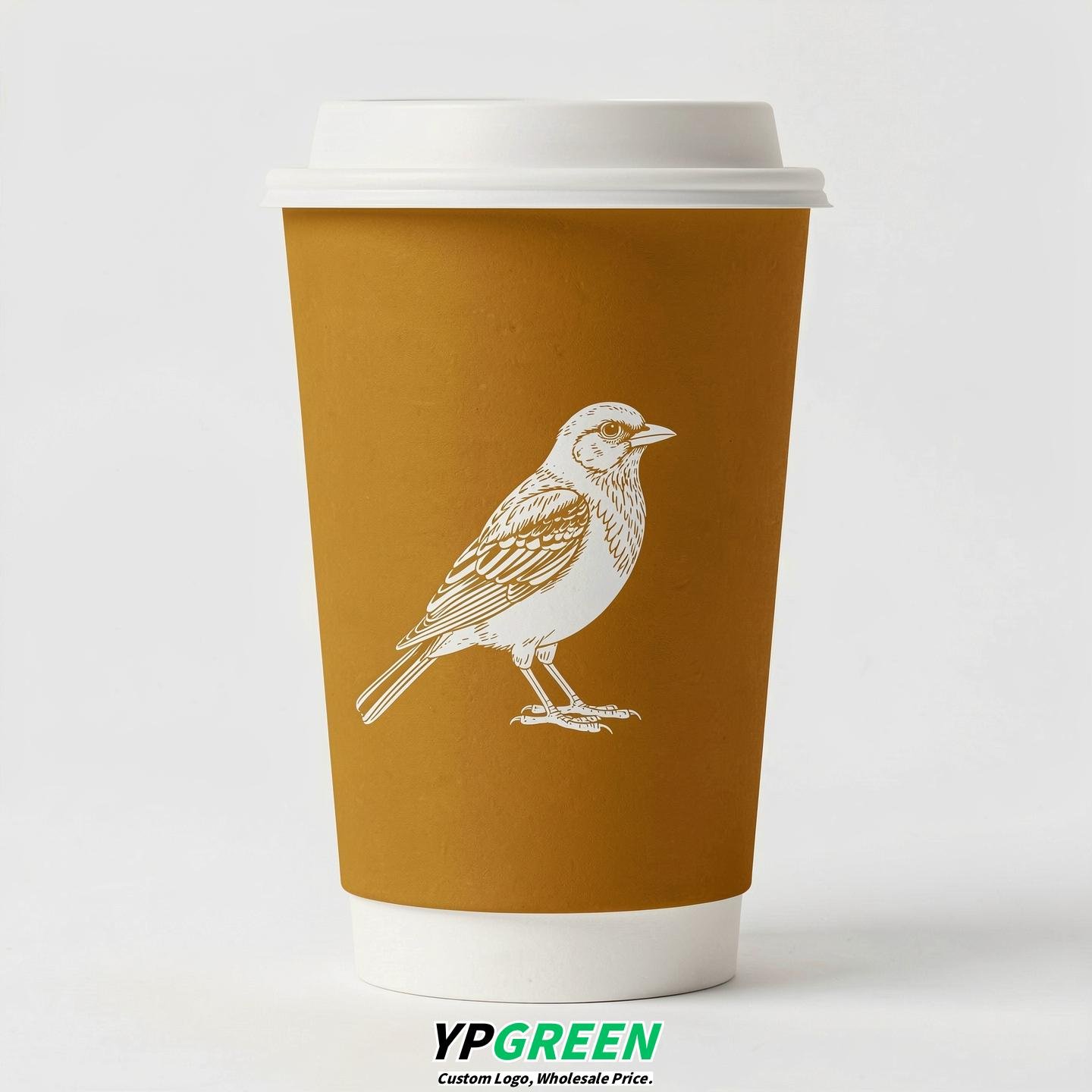 Ochre Paper Cups with Bird Logo & Lids 8-24oz