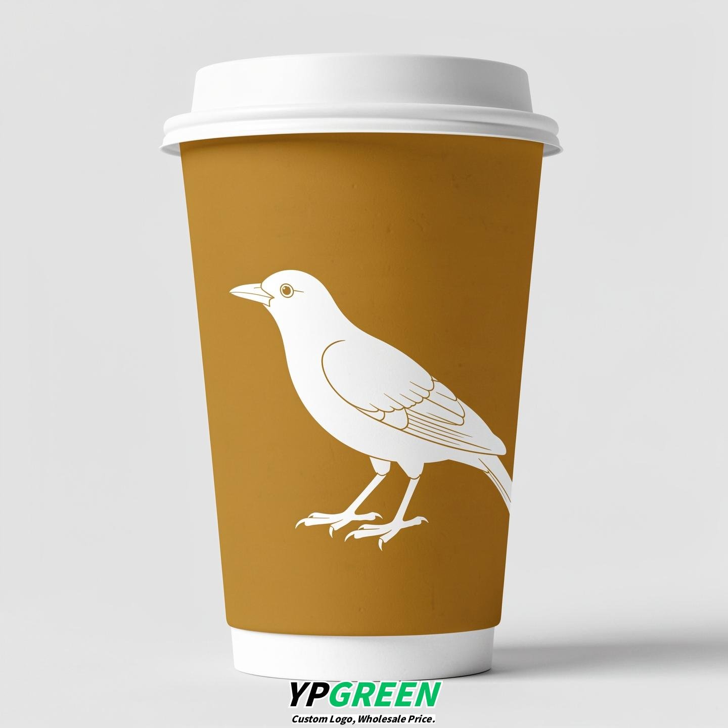 Ochre Paper Cups with Bird Logo & Lids 8-24oz