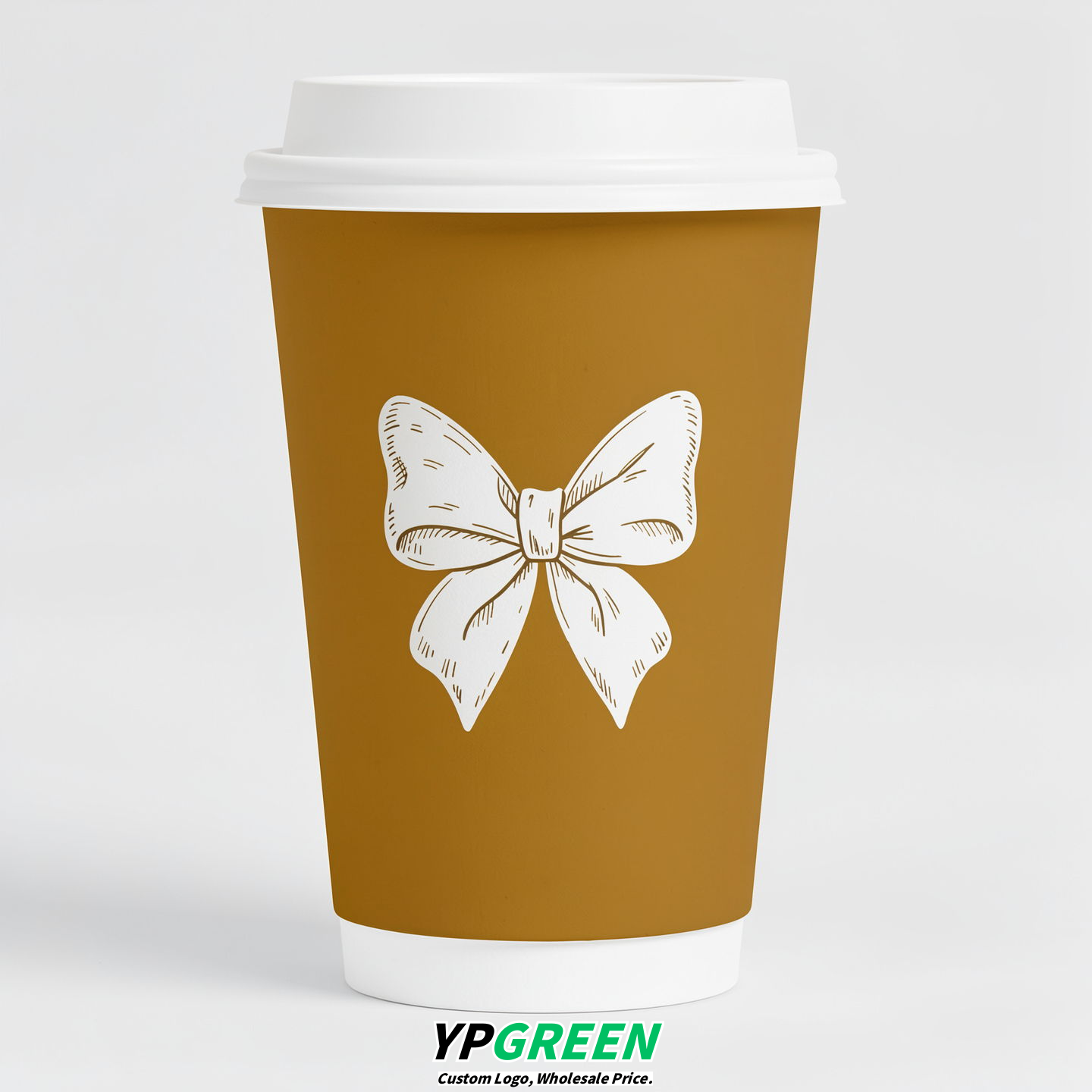 Ochre Paper Cups with Bow Logo & Lids 8-24oz