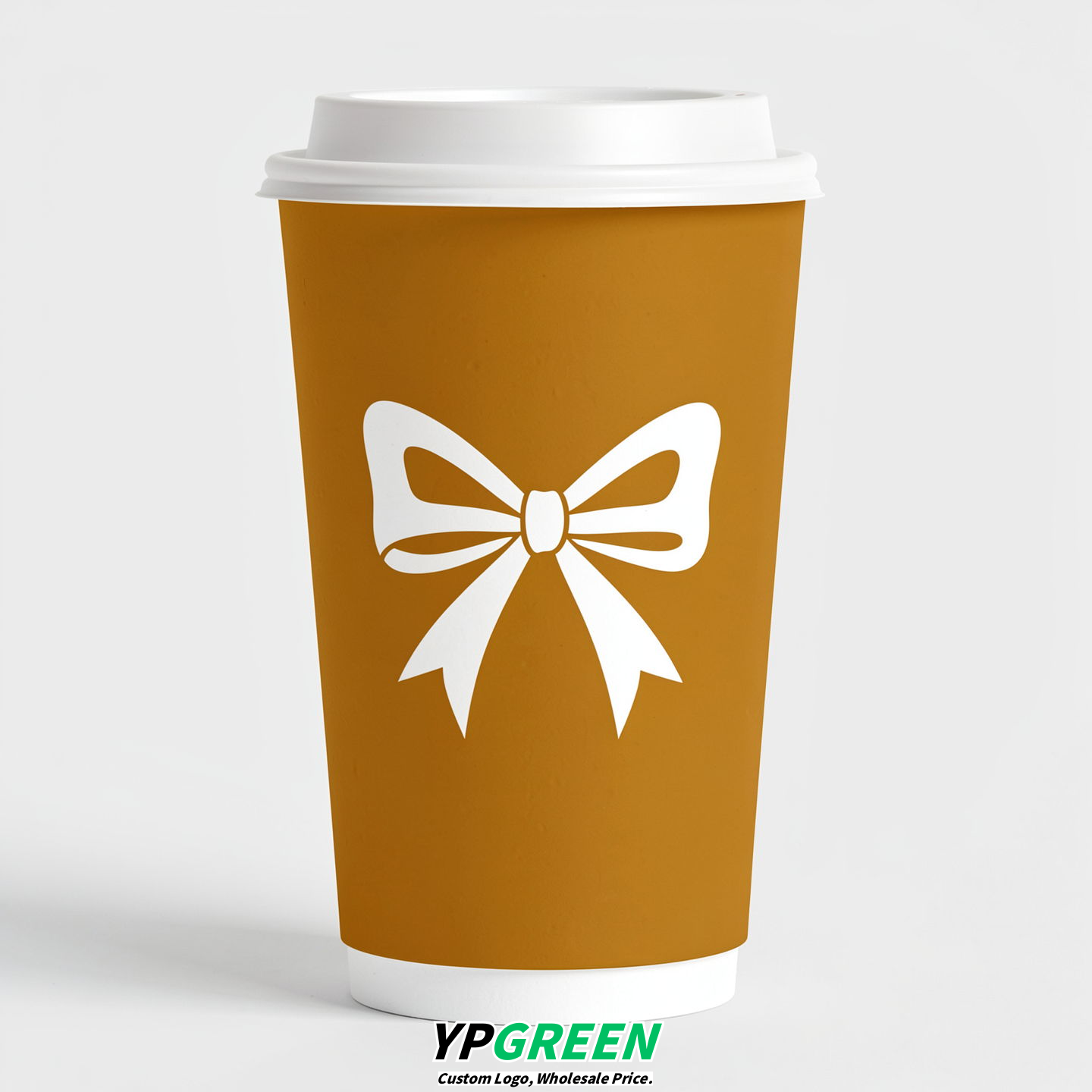 Ochre Paper Cups with Bow Logo & Lids 8-24oz