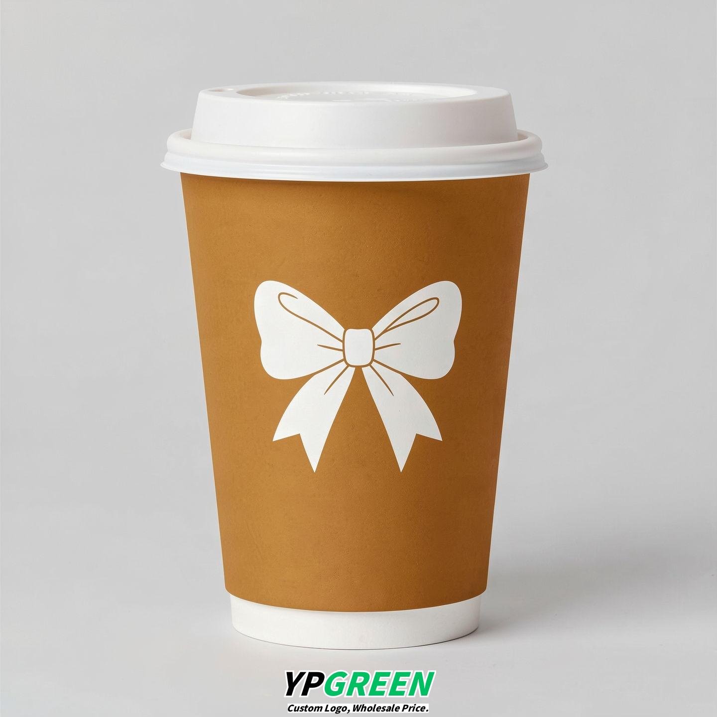 Ochre Paper Cups with Bow Logo & Lids 8-24oz