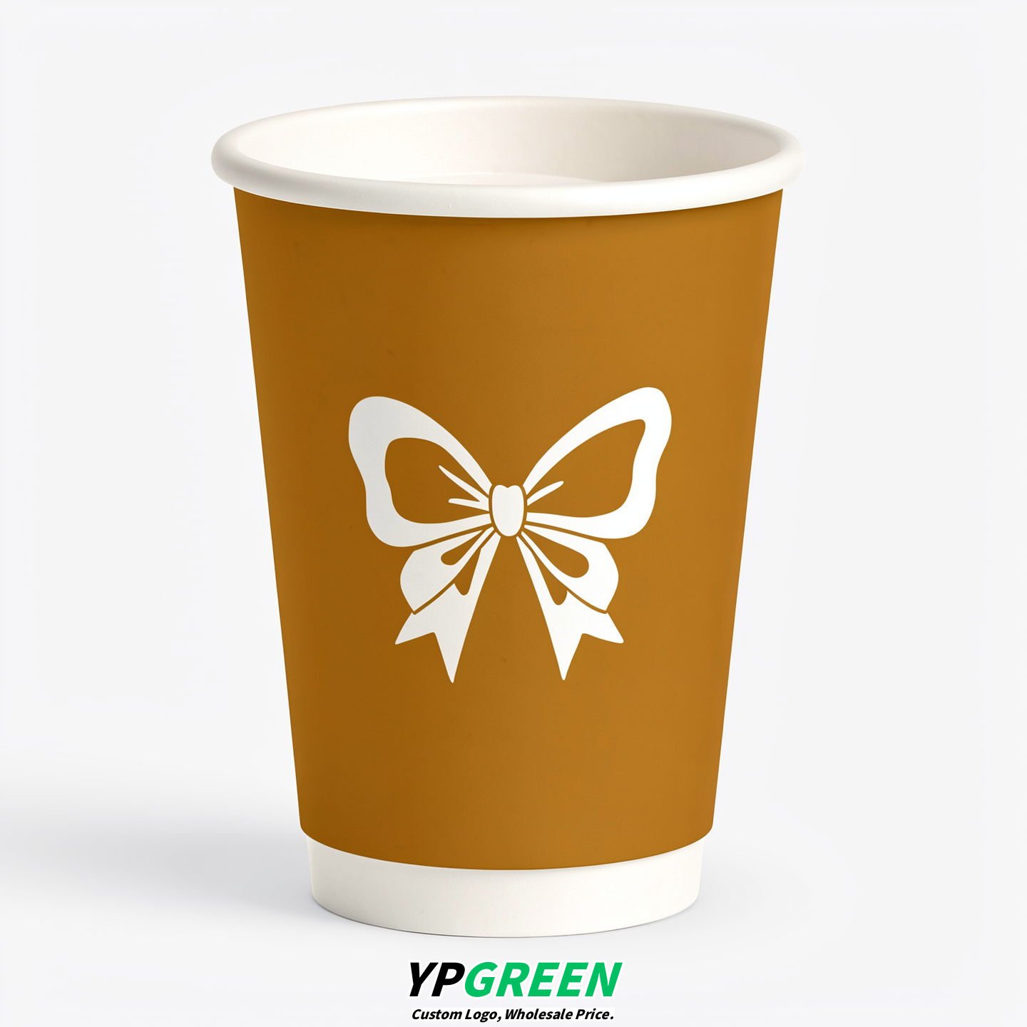Ochre Paper Cups with Bow Logo & Lids 8-24oz