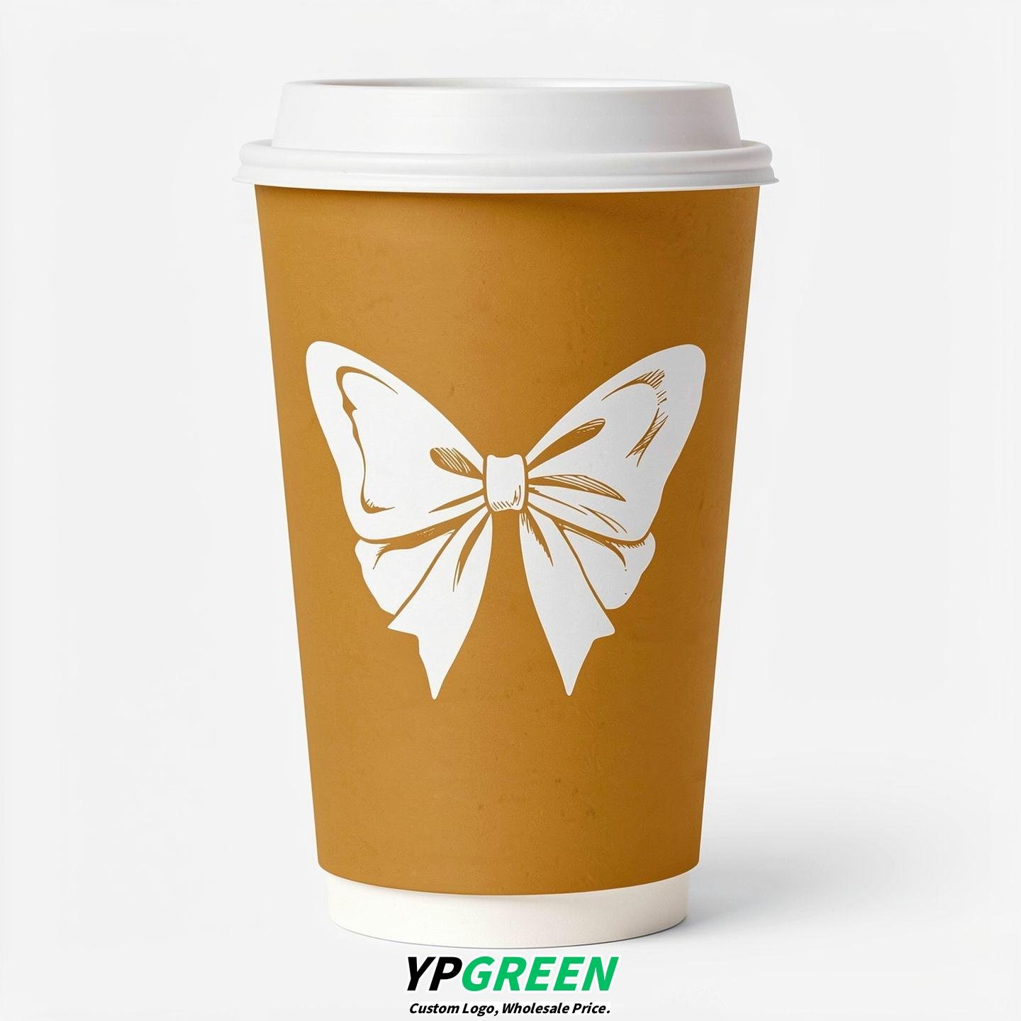 Ochre Paper Cups with Bow Logo & Lids 8-24oz