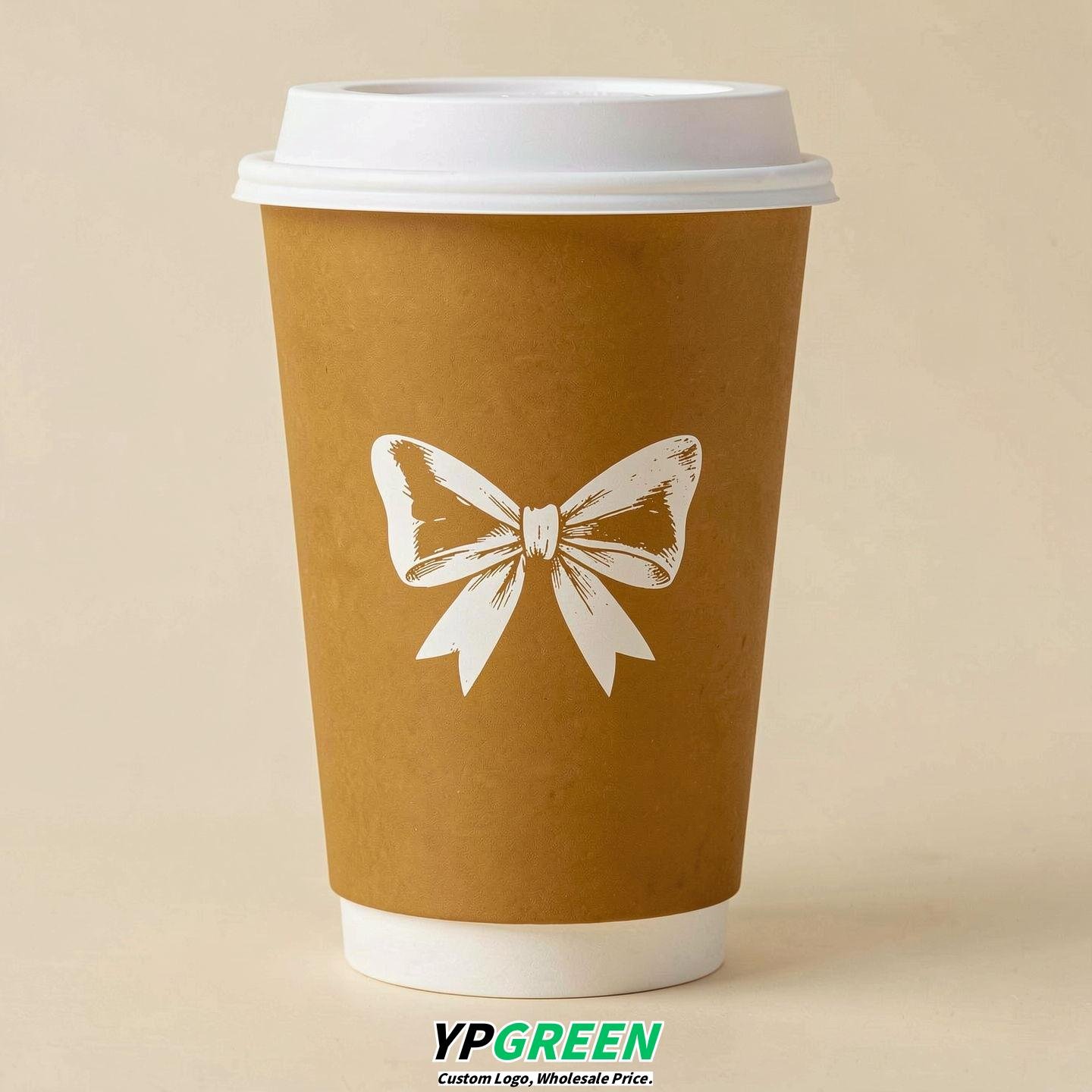 Ochre Paper Cups with Bow Logo & Lids 8-24oz