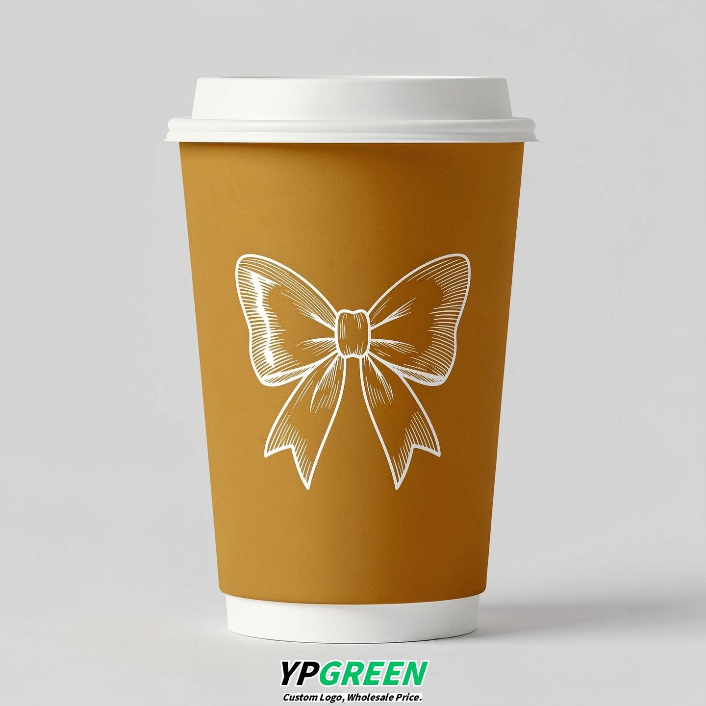 Ochre Paper Cups with Bow Logo & Lids 8-24oz