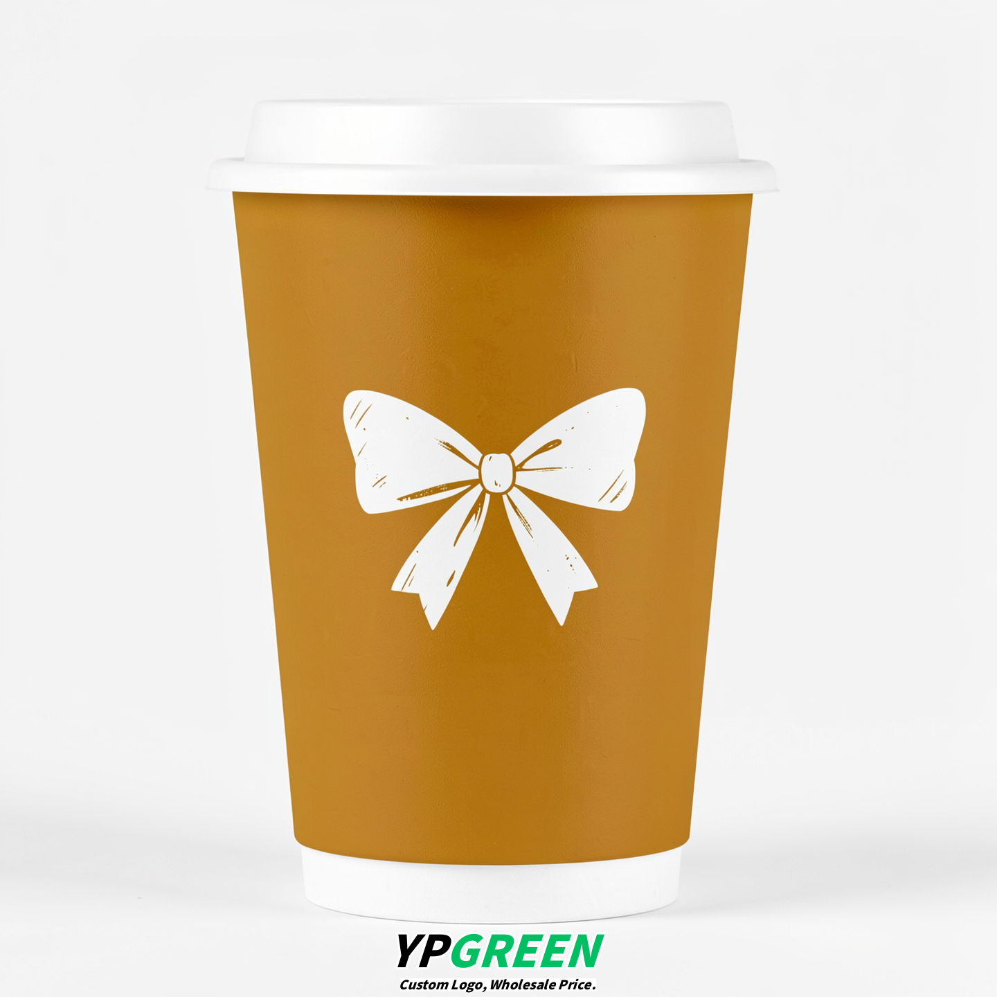 Ochre Paper Cups with Bow Logo & Lids 8-24oz