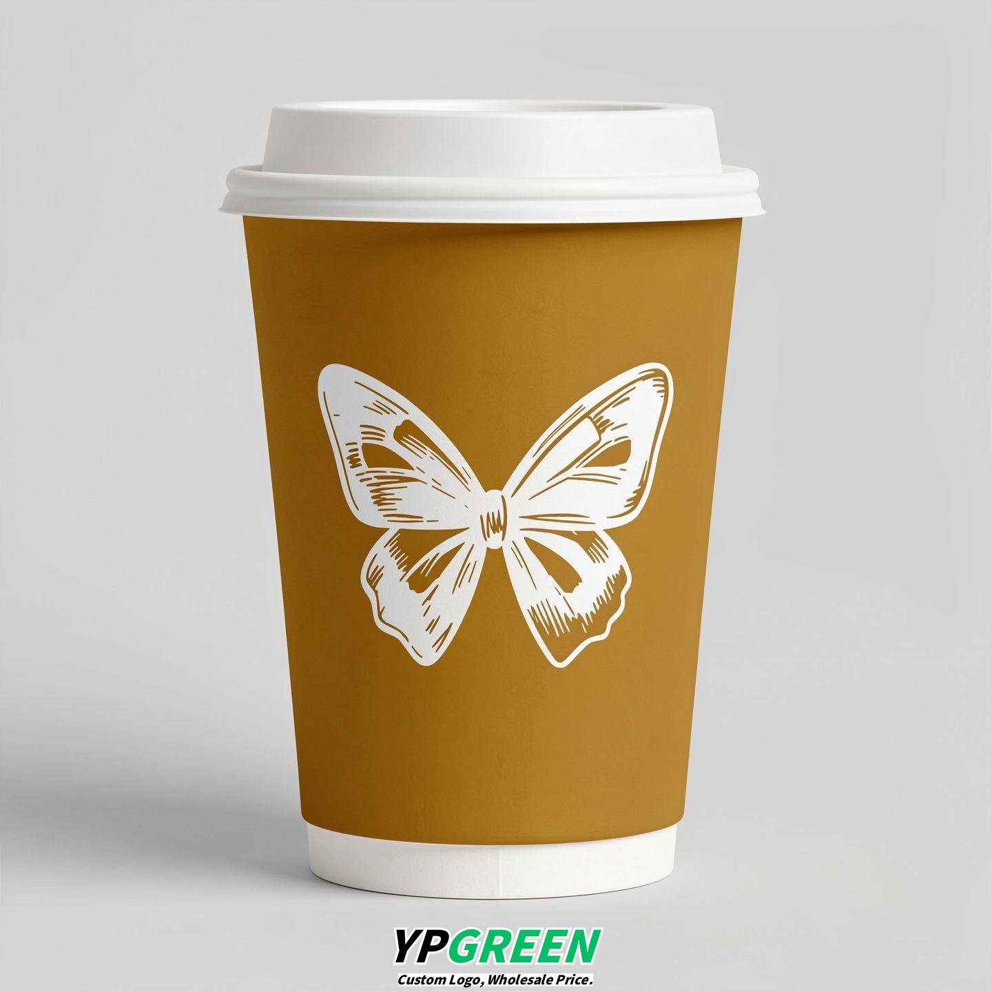 Ochre Paper Cups with Bow Logo & Lids 8-24oz
