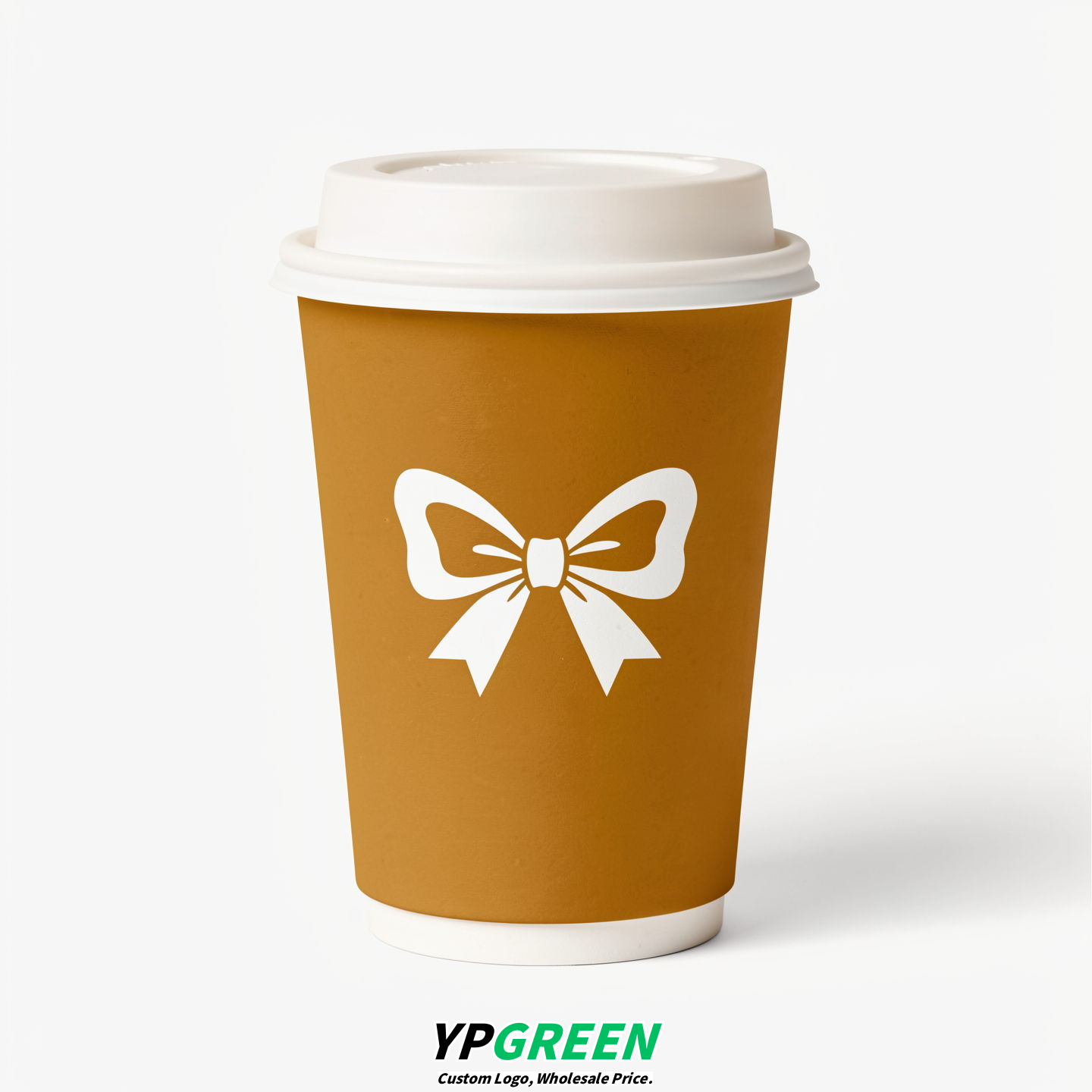 Ochre Paper Cups with Bow Logo & Lids 8-24oz