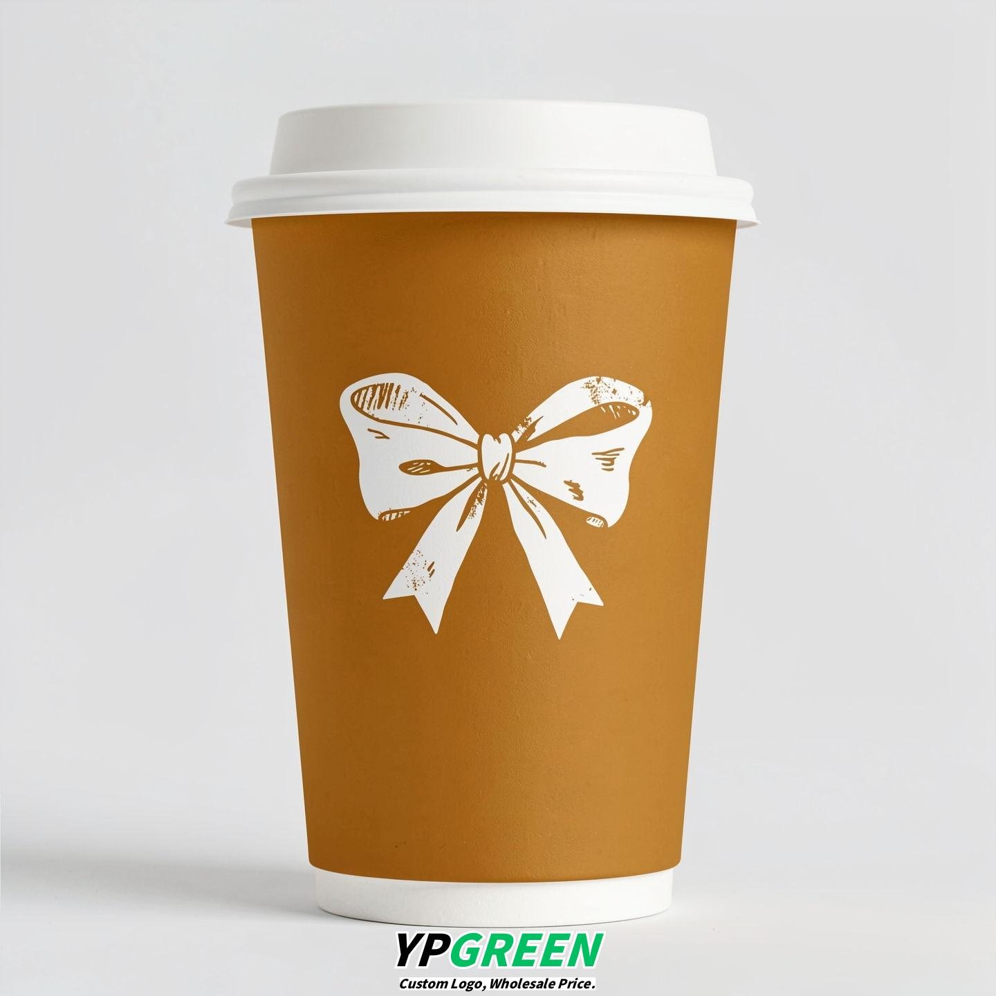Ochre Paper Cups with Bow Logo & Lids 8-24oz