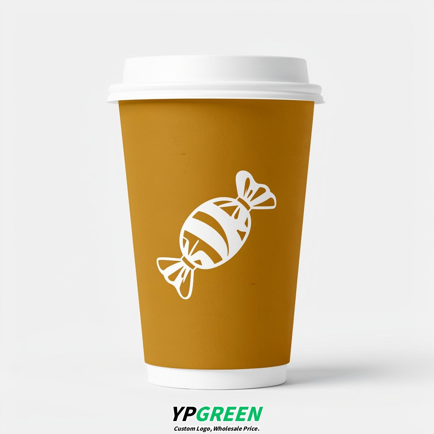 Ochre Paper Cups with Candy Logo & Lids 8-24oz