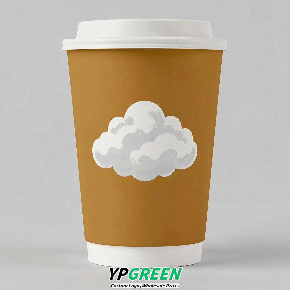 Ochre Paper Cups with Clouds Logo & Lids 8-24oz