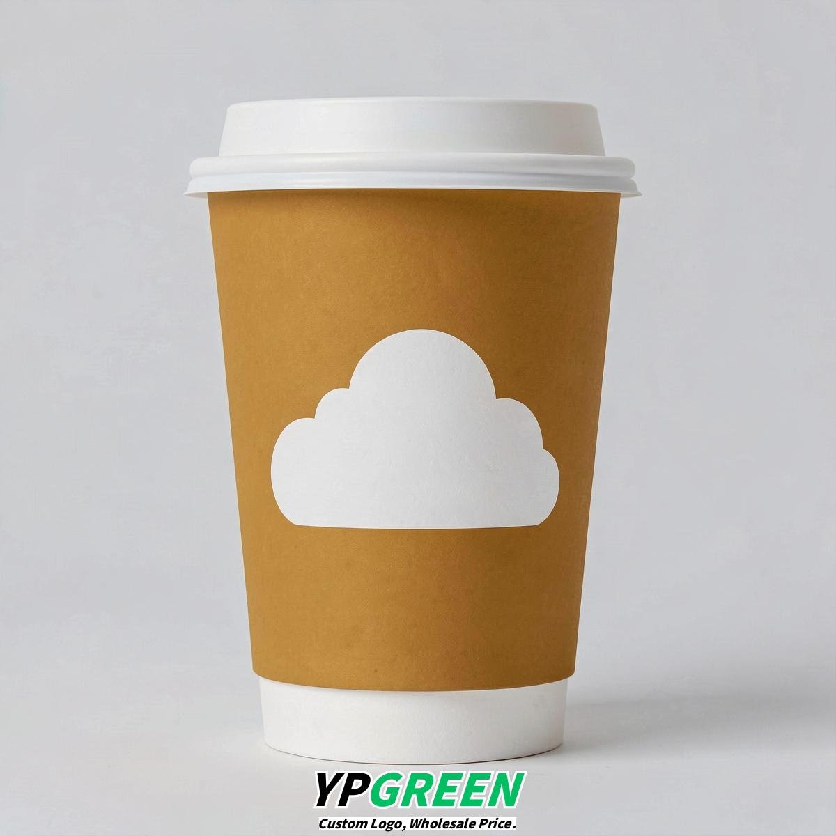 Ochre Paper Cups with Clouds Logo & Lids 8-24oz