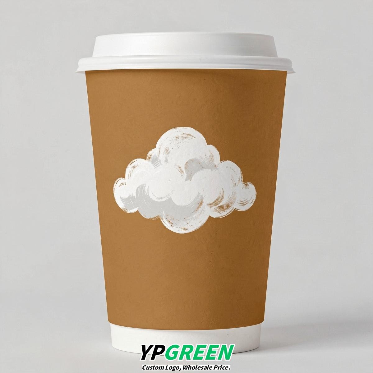 Ochre Paper Cups with Clouds Logo & Lids 8-24oz