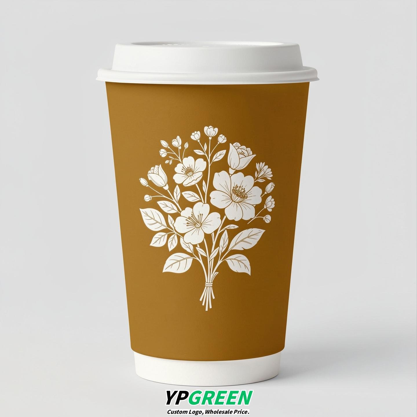 Ochre Floral Paper Cups with Lids 8-24oz